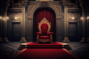 red carpet leading to a king thrones inside of the palace castle generative ai
