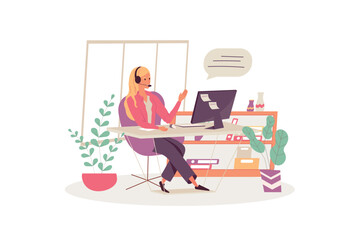 Poster - Call center concept with people scene in the flat cartoon design. Girl works in a call center and helps people solve some questions. Vector illustration.