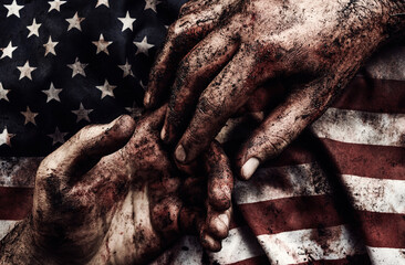 Fototapeta bloody hands of soldiers support each other over the flag of united states of america. war concept. protecting supporting of democracy