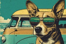 Cool Old Vintage Look Of A Dog Wearing Sunglasses And Vintage Car In The Background