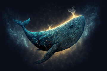 whale is floating in space among the stars. concept of a fantastic dream in sleep. Generative AI