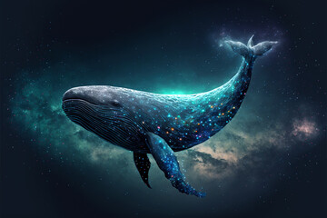 Wall Mural - whale is flying in space among the stars. concept of a fantastic dream in sleep. generative ai