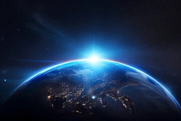 Blue sunrise view of earth from space. Generative ai design.
