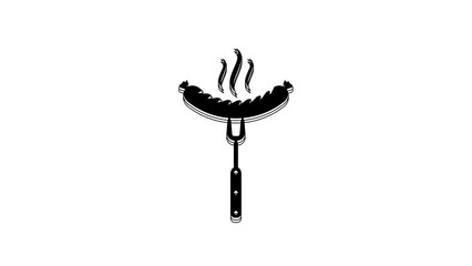 Sticker - Black Sausage on the fork with steam icon isolated on white background. Grilled sausage and aroma sign. 4K Video motion graphic animation