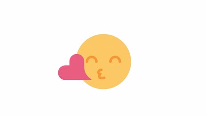 Poster - Animated blowing kiss emoticon. Flat cartoon style icon 4K video footage. Expressing affection and romantic feeling color illustration on white background with alpha channel transparency for animation