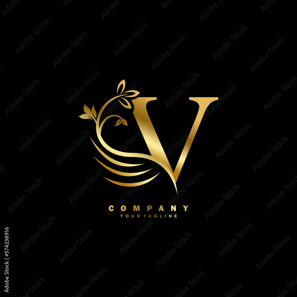 Gold luxury V letter logo with beautiful floral and feather ornament ...