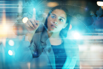 Leinwandbilder - Map hologram, cyber woman and touch screen for 3d network, futuristic or future technology with digital software. Location, global connection and person with information technology with world overlay