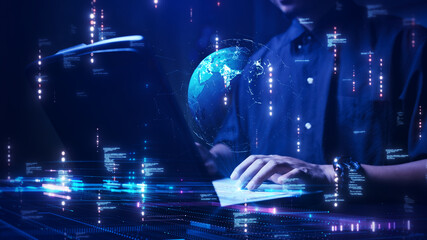 Poster - Digital cybersecurity technology protects data from threats. concept of the person using a computer connected to an internet network to search global online information on dark blue background.