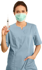 Sticker - Female healthcare professional wearing scrubs and a facemask while holding a needle