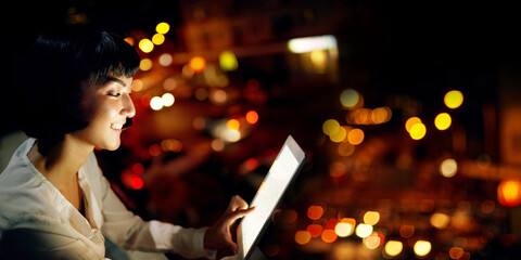 Aufkleber - Mockup, night and tablet screen with woman on rooftop for research, social media and networking app. Technology, internet and website with employee in office for email, communication and data in city