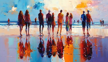 paint like illustration of crowd of people at summer beach, idea for artistic background wallpaper, Generative Ai