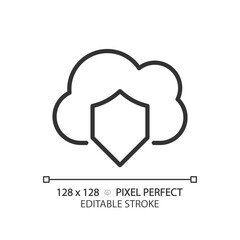 Wall Mural - Cloud security pixel perfect linear icon. Internet dataset protection. Safe information storage online. Thin line illustration. Contour symbol. Vector outline drawing. Editable stroke