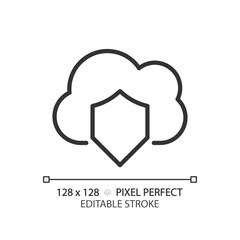 Poster - Cloud security pixel perfect linear icon. Internet dataset protection. Safe information storage online. Thin line illustration. Contour symbol. Vector outline drawing. Editable stroke