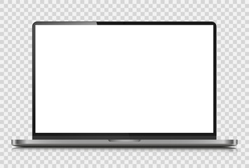 Fototapete - The layout of a modern laptop with a reflection on a transparent background. A realistic laptop with a dark silver case and a white screen. Vector illustration.