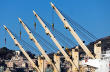 GENOA, ITALY, FEBRUARY 2, 2023 - Detail Of The Cranes Of The Vega Everest Industrial Ship From Panama Moored In The Port Of Genoa, Italy