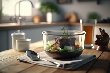 Beef soup in a glass bowl on a large modern kitchen table