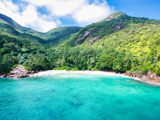 Drone shot of anse major beach, turquoise sea and beautiful scene