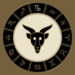 capricorn zodiac horoscope astrology label with element, planet icon glyph. thin line sign symbol ar