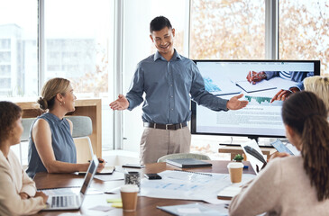 Poster - Business presentation, man leader and training for stock exchange and seminar for company growth. Working, research data and workshop of a manager with online investment group in office with tech
