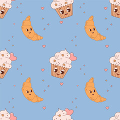 Wall Mural - Seamless pattern with pastry characters. Cute croissant and cake cupcake in love on blue background. Vector Illustration for wallpaper, design, textile, packaging, decor, childrens collection.