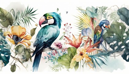 Parrot tropical birds watercolor illustration hand drawn jungle twigs leaves bright colorful birds