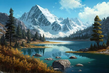 Serene Mountain Lake And Clear Blue Sky Landscape Generative AI