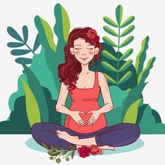 Young pregnant woman practicing yoga in the garden. Summer landscape background
