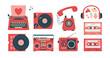 © renberrry - Set of modern creative clip arts with retro devices, typewriter, record player, vinyl, headset, earphones, cassette, mixtape, radio, boombox, telephone. Vintage concept. Flat design. For sticker, card