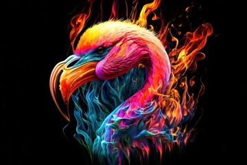 Wall Mural - Colorful flamingo in fire on black background. Digital painting.