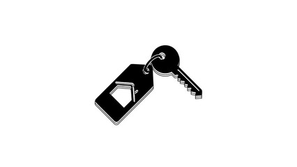 Poster - Black House with key icon isolated on white background. The concept of the house turnkey. 4K Video motion graphic animation