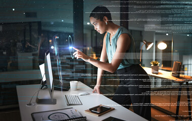 Aufkleber - Office computer, hologram and woman point at future administration ui, research analytics or dashboard. Digital transformation software, night overlay profile and African person work on data analysis