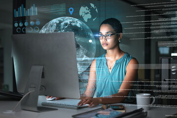 Fototapete - Computer hologram, global network and woman reading data analysis of earth communication, world networking or chart. Futuristic night overlay, planet ui hud or African media employee working overtime