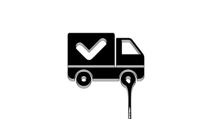 Sticker - Black Delivery truck with check mark icon isolated on white background. 4K Video motion graphic animation