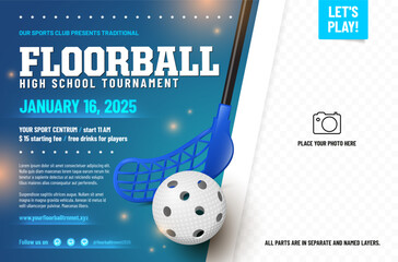 Wall Mural - Floorball tournament poster template with stick and ball