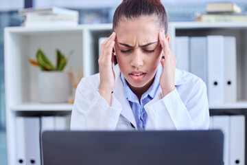 Poster - Burnout, stress and doctor with a headache from a laptop, healthcare anxiety and depression. Medicine, angry and nursing woman with a migraine, mental health problem and tired from an email online