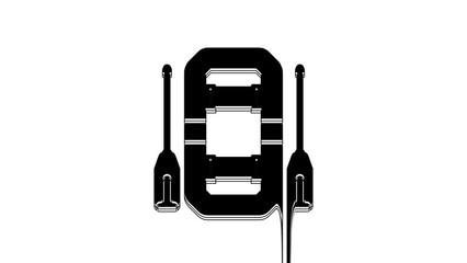 Poster - Black Rafting boat icon isolated on white background. Inflatable boat with oars. Water sports, extreme sports, holiday, vacation, team building. 4K Video motion graphic animation