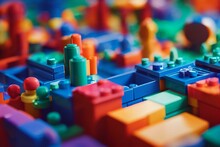 Blue Plastic Toy Bricks Background. Educational Toy For Children. Pile Of Child's Building Blocks. 3D Rendering Illustration. Generative AI