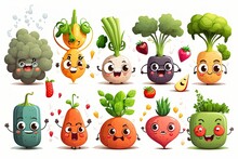 Vitamin Vegetarian Set Of Vegetables With Funny Emotions. Baby Stickers. Generative Ai