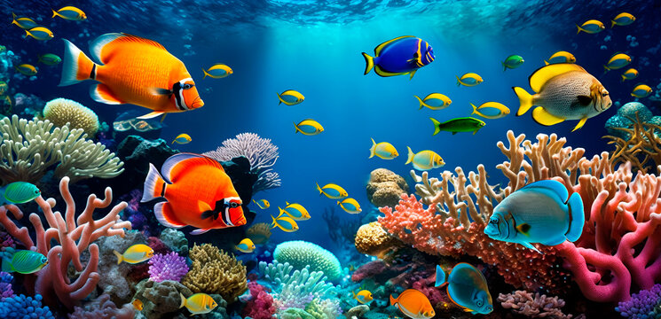 tropical sea underwater fishes on coral reef. aquarium oceanarium wildlife colorful marine panorama 