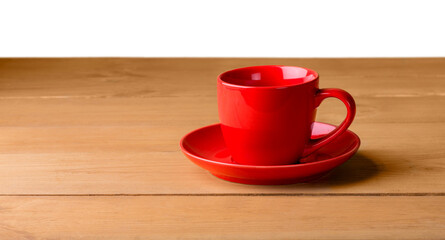 Sticker - Red coffee cup on a wooden deck