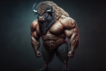 Full body of a strong buffalo in a gym. Bodybuilding genetics concept. Generative AI Technology