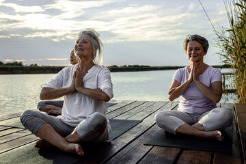 Wall Mural - Group of senior woman doing yoga exercises by the lake.