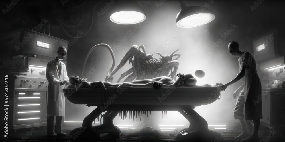 Creepy black-and-white view of doctors performing an alien autopsy in a dystopian operating room. A larger alien observes. 