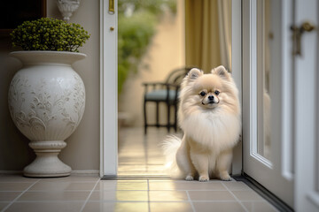 cute pomeranian welcoming owner home at the entrance door, Generative AI