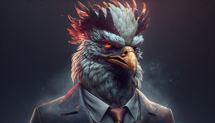 Portrait of a angry rooster in business suit on isolated background. Generative AI