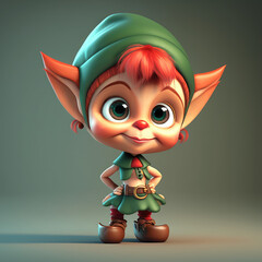 Wall Mural - Cute young elf 3d character. Cartoon fairytale baby elf with big eyes, blonde hair, green dress and sharp ears.  3d render illustration. Generative AI art.