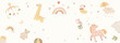 Baby toys horizontal web banner. Kids rainbow, bottle, teddy bear, crescent moon, unicorn, bodysuit and other newborn elements. Illustration for header website, cover templates in modern design