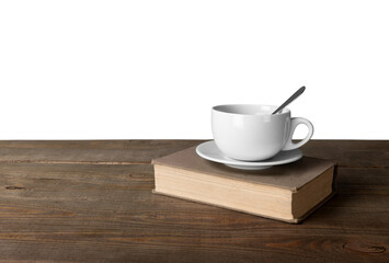 Poster - Cup of coffee with book on wooden table