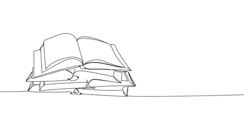 Stack of several open books one line art. Continuous line drawing of book, library, education, school, study, literature, paper, textbook, knowledge, read, learn, page, reading.