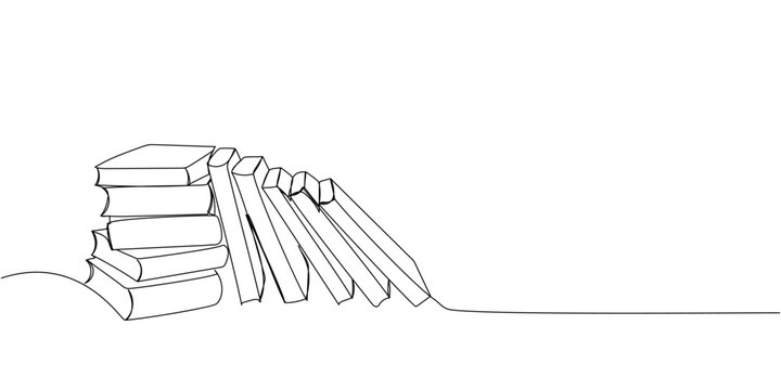 Books are on the shelf and in a stack one line art. Continuous line drawing of book, library, education, school, study, literature, paper, textbook, knowledge, read, learn, page, reading.